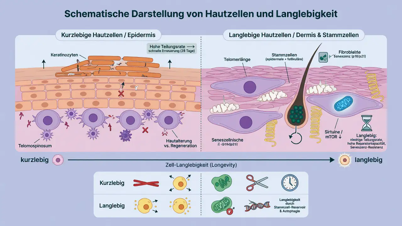 Schematische Darstellung von Hautzellen und Langlebigkeit